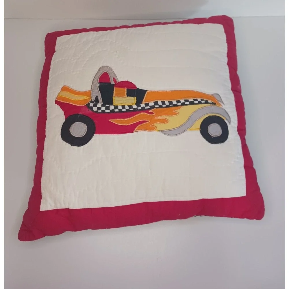 🏁Antique Race Car Pillow Quilt Checkered Back 15